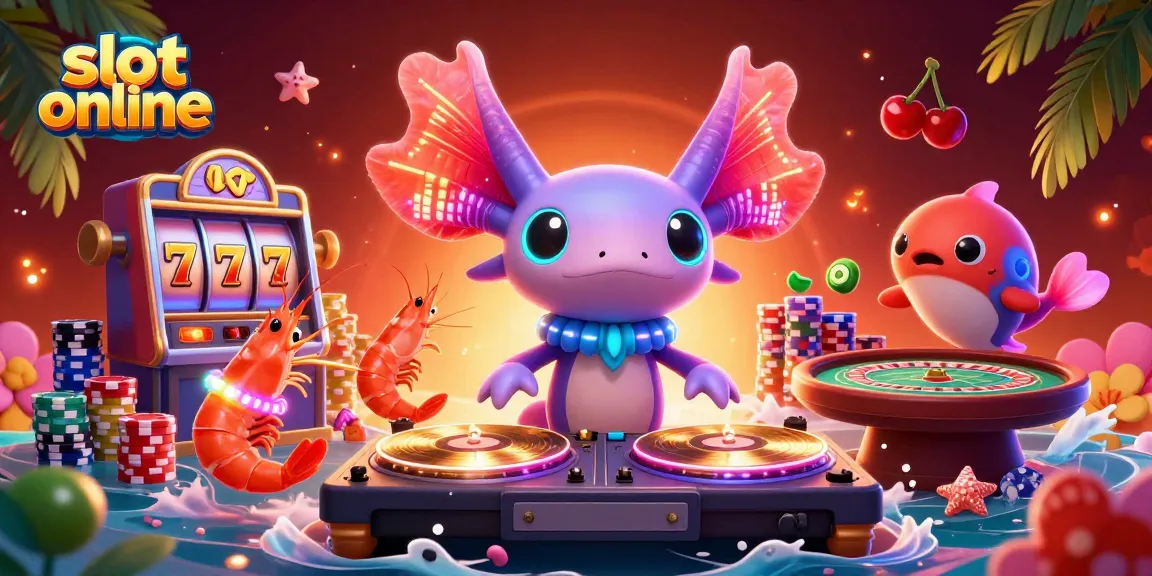 Experience thrilling slot online excitement with a colorful axolotl DJ spinning reels and friends.