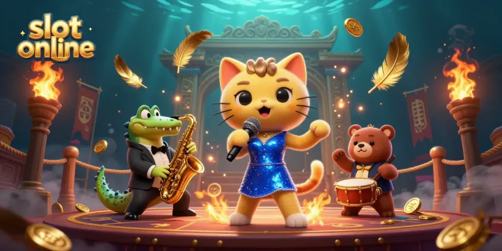 Engaging scene featuring a jazz-singer cat, saxophone crocodile, and bear cub amidst gambling elements, promoting slot online action.