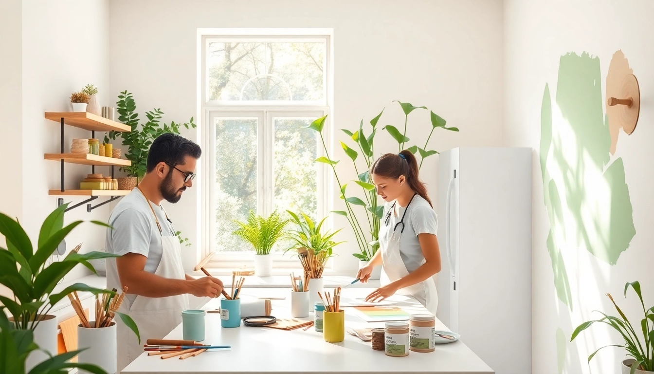 Decorative scene of eco friendly painters beautifying a kitchen using sustainable materials.