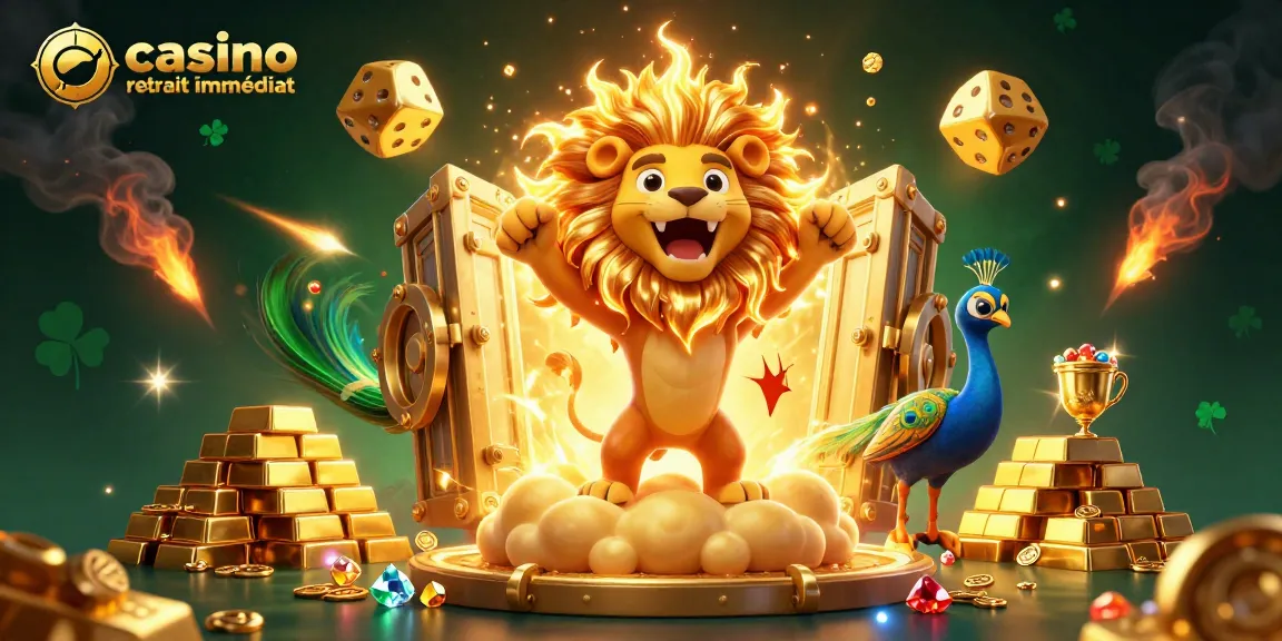 Action de gagner avec le casino retrait immédiat, illustrée par un lion en soleil dans un monde de trésors.