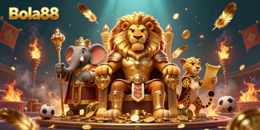 Engage with Bola88's thrilling sports betting experience, featuring a royal lion on a throne of coins.