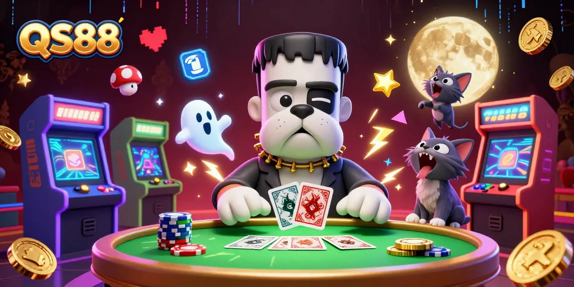 Experience thrilling gaming action at QS88 with a cartoon Frankenstein bulldog dealer and ghostly chips.