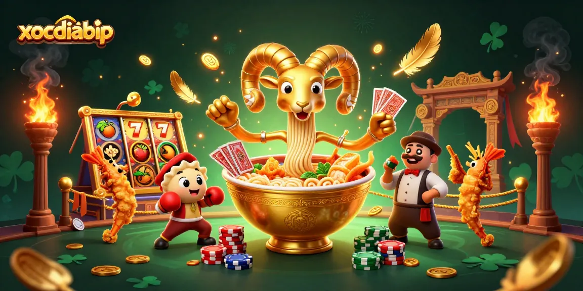 xocdiabip showcases a vibrant slot-themed casino scene with a golden ramen bowl and dynamic characters.