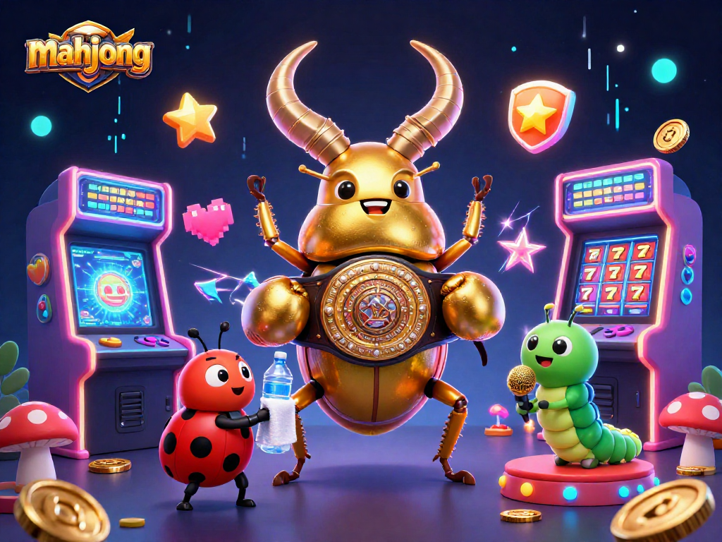 Engage with mahjong gaming thrills in a vibrant, cartoonish 3D casino scene.
