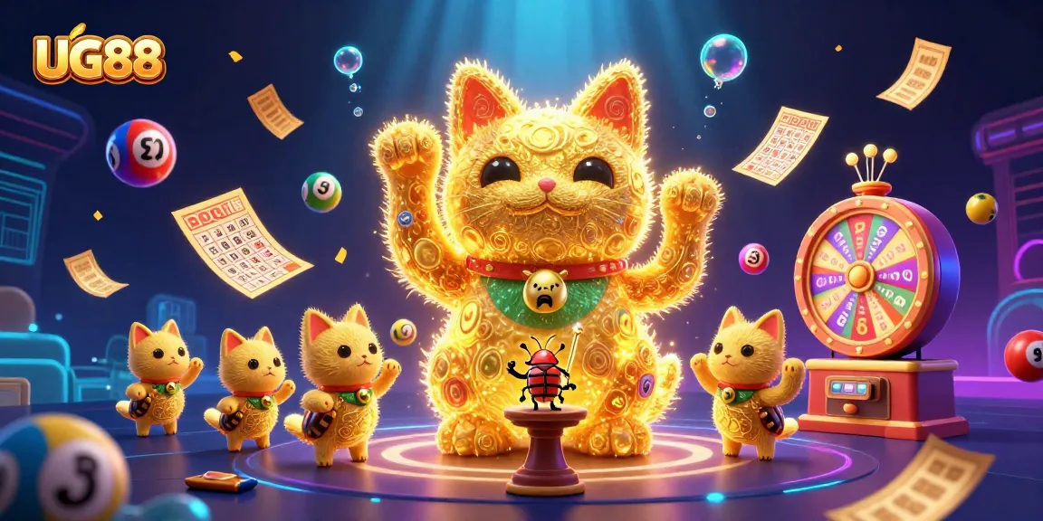 Engage with exciting lottery and bingo activities at UG88, featuring vibrant lucky cat symbols.