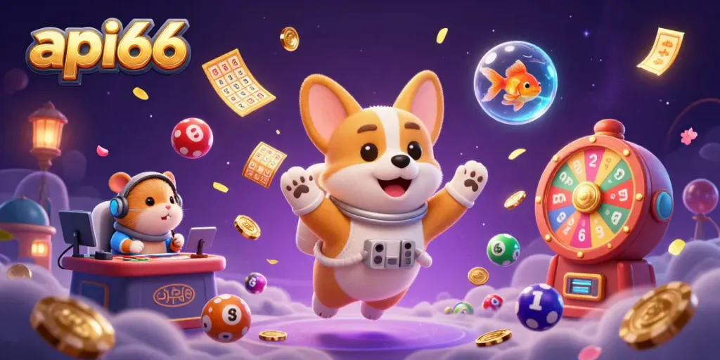 Experience endless fun with api66 in a vibrant casino scene featuring a floating astronaut and playful characters.