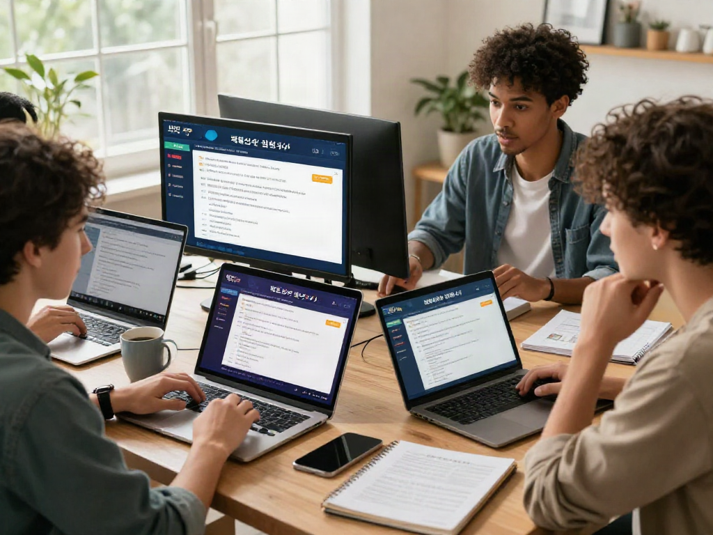 Engaged users on a 먹튀스팟 검증사이트 discussing safety ratings and reviews in a modern home office.