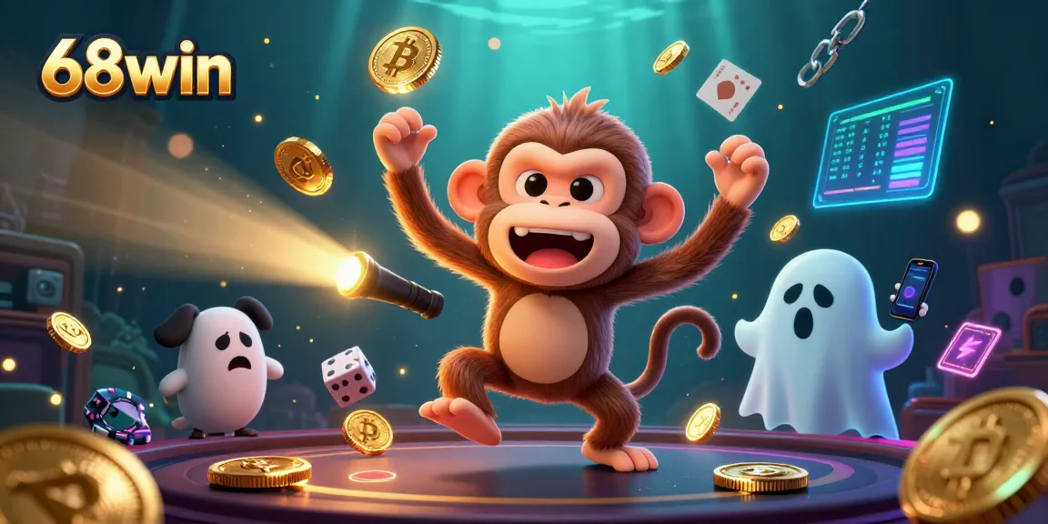 Experience the excitement of 68win as the mischievous poltergeist monkey juggles golden treasures in a vibrant casino.