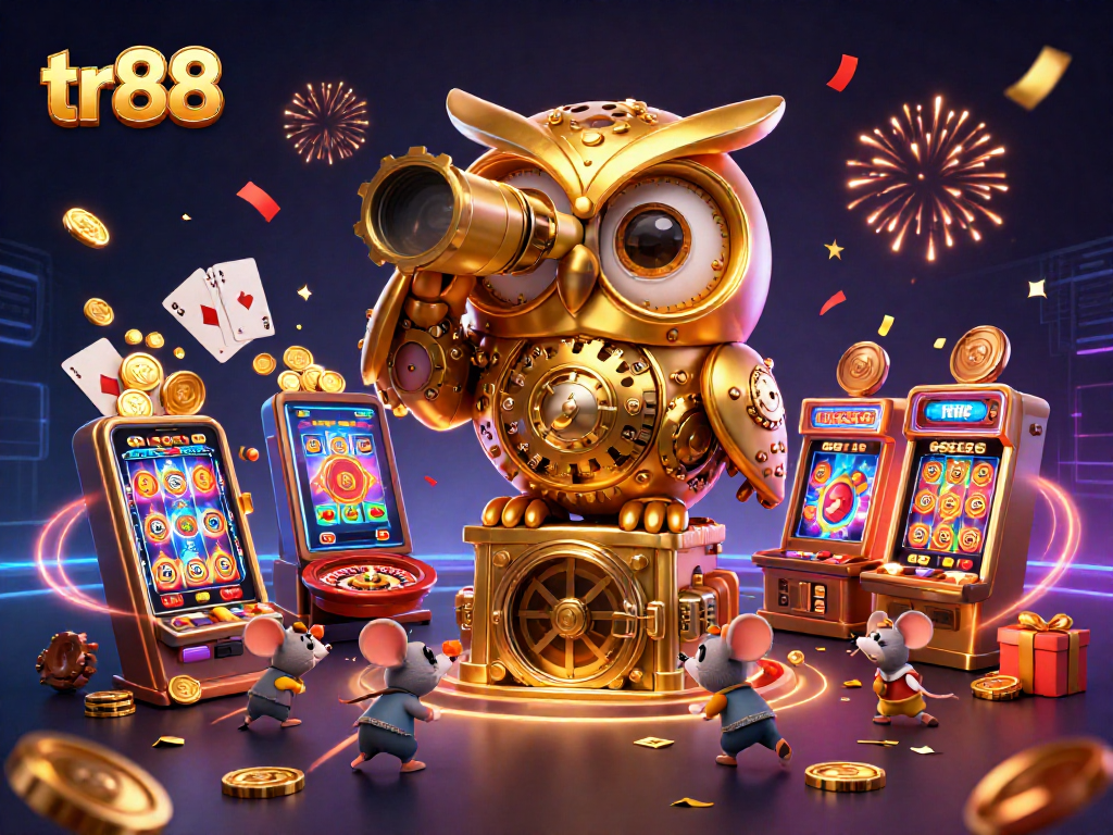 Experience thrilling gameplay with tr88's dynamic casino scene featuring a golden owl and gaming elements.