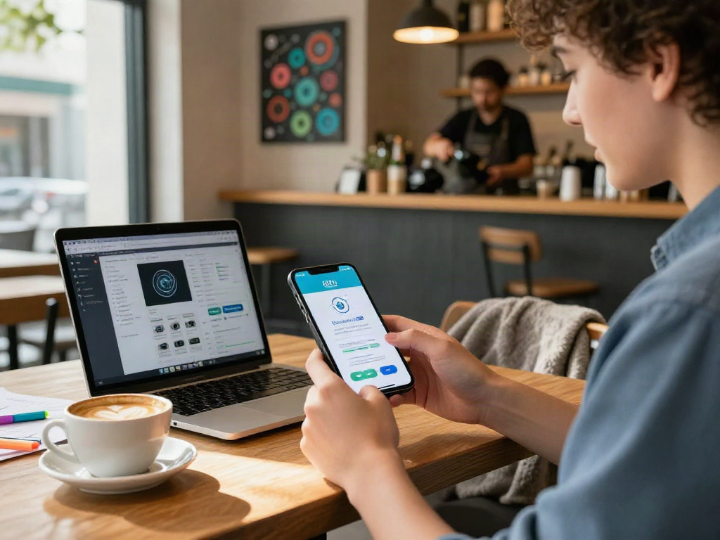 Downloading Pikashow Apk at a cozy urban cafe with smartphone and laptop.