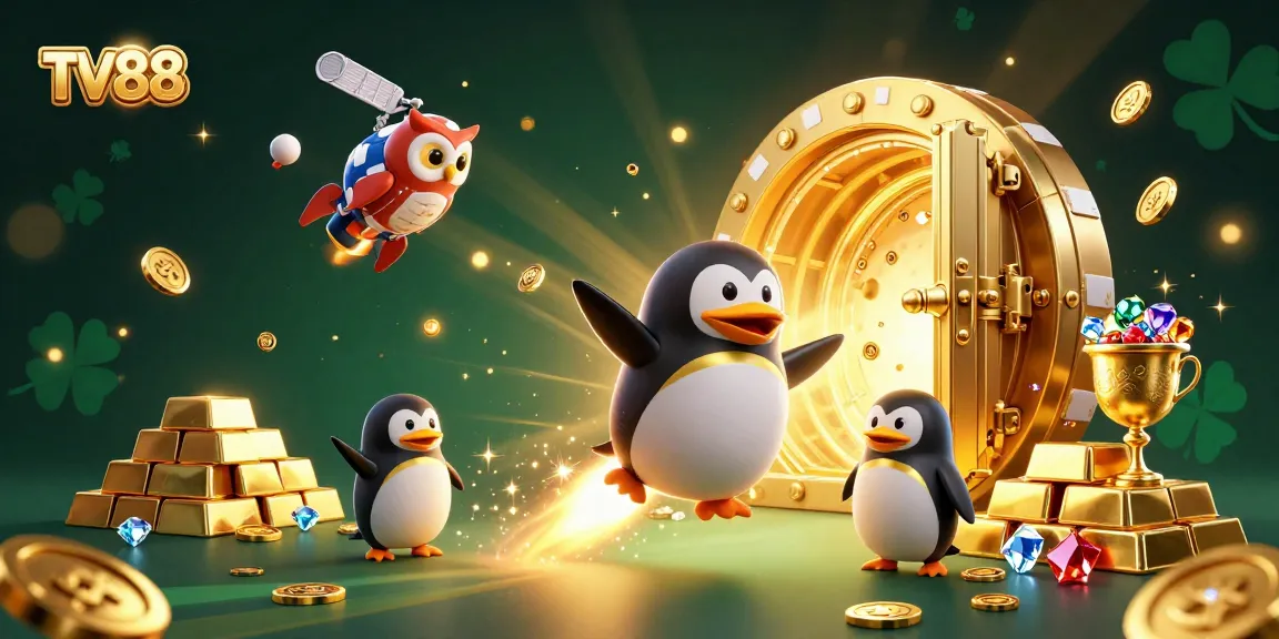 Experience the excitement of TV88 with a golden penguin blasting through space, surrounded by vibrant casino treasures.