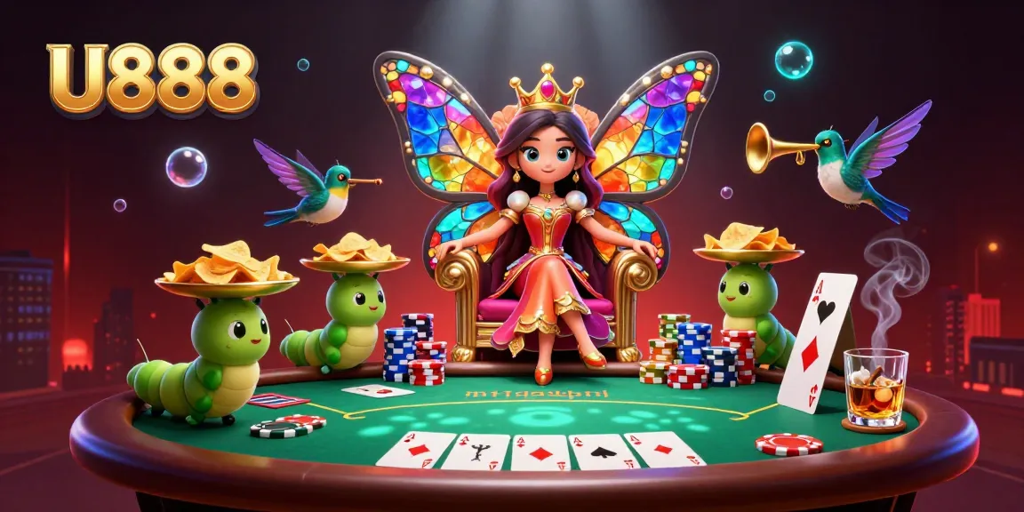 Engage in thrilling gameplay at U888 with a colorful butterfly queen and poker elements.
