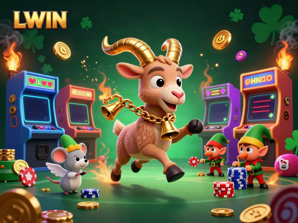 Participate in thrilling LLWIN casino games alongside mischievous characters in a vibrant, festive atmosphere.