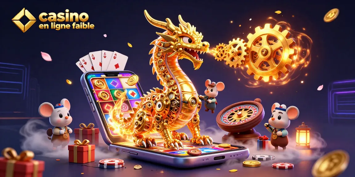 Découvrez un dragon doré mécanique dans un casino en ligne fiable, entouré de jeux colorés et de pièces d'or.