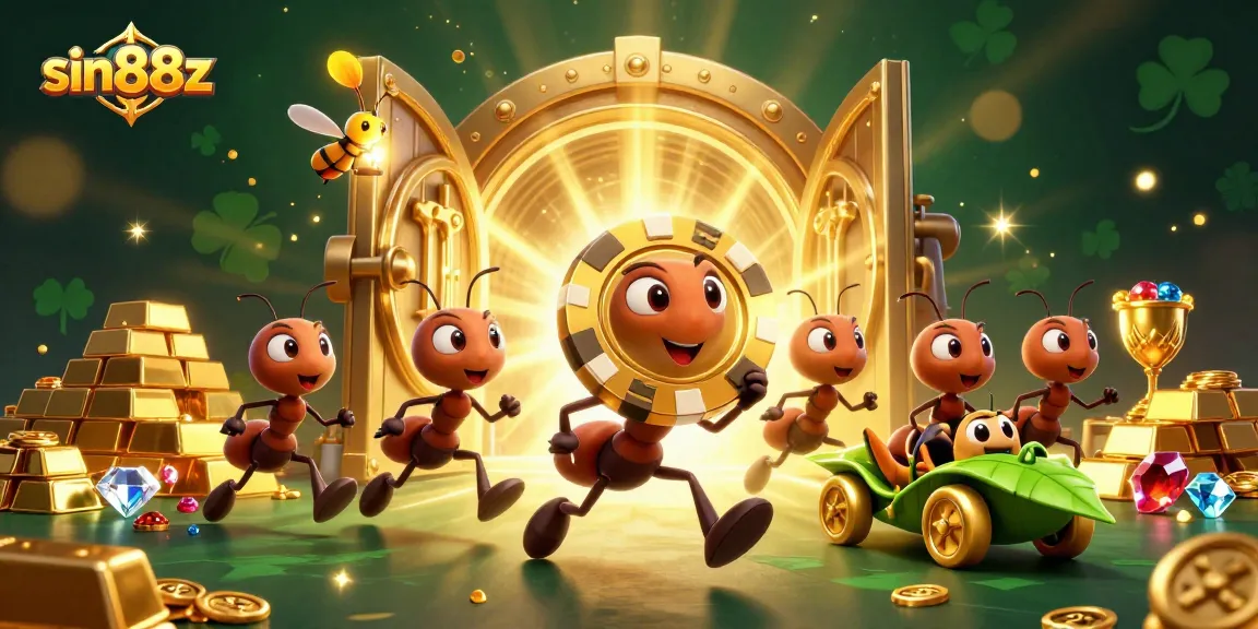 Ants execute a heist in sin88z with a massive poker chip amidst treasure and gold.