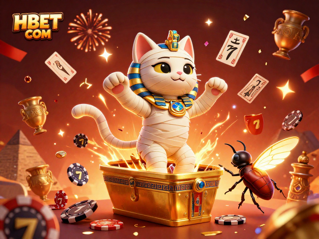 Experience the excitement of online gaming with HBET COM in a vibrant pyramid casino illustration featuring a magical mummy cat.