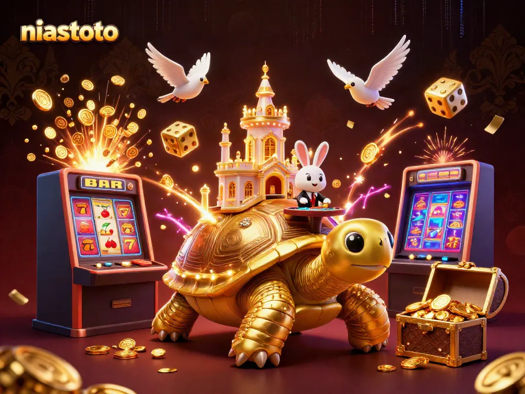 Engage with niastoto, showcasing a golden tortoise casino and dynamic gaming elements in a vibrant 3D scene.
