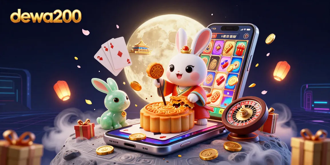 Permainan dewa200 menarik dengan kelinci bulan yang mengolah kue bulan di latar belakang bulan.