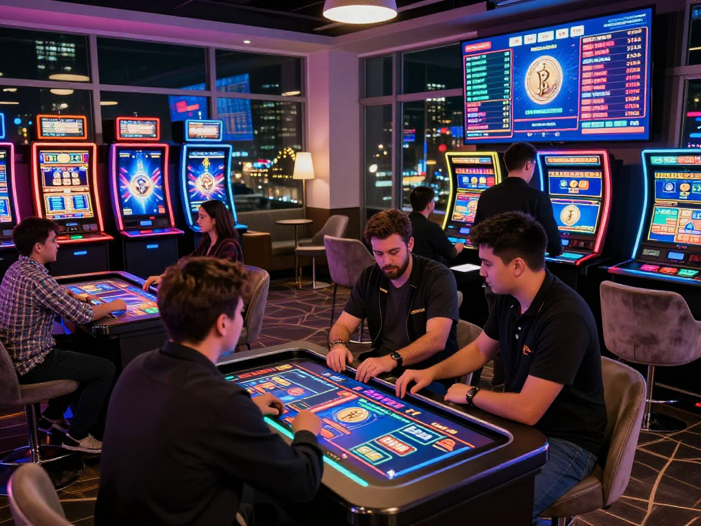 Engaging crypto casino gaming lounge with players and digital interfaces.
