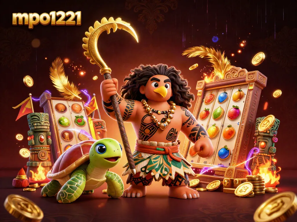 Spin the wins with mpo1221 in a vibrant cartoon casino scene featuring dynamic game elements.