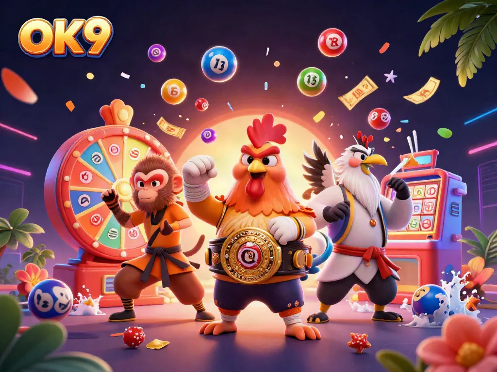 Experience the excitement of gambling at OK9 with vibrant characters and games in this engaging illustration.