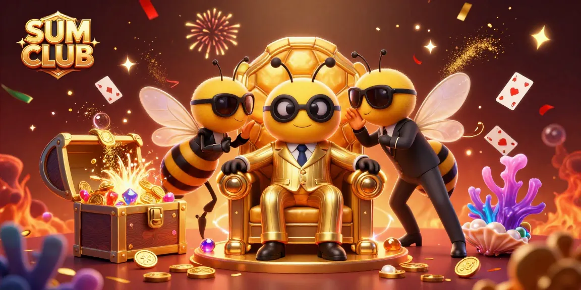 Engage with SUM CLUB's vibrant casino atmosphere featuring a cartoon bumblebee mob boss in a lavish setting.
