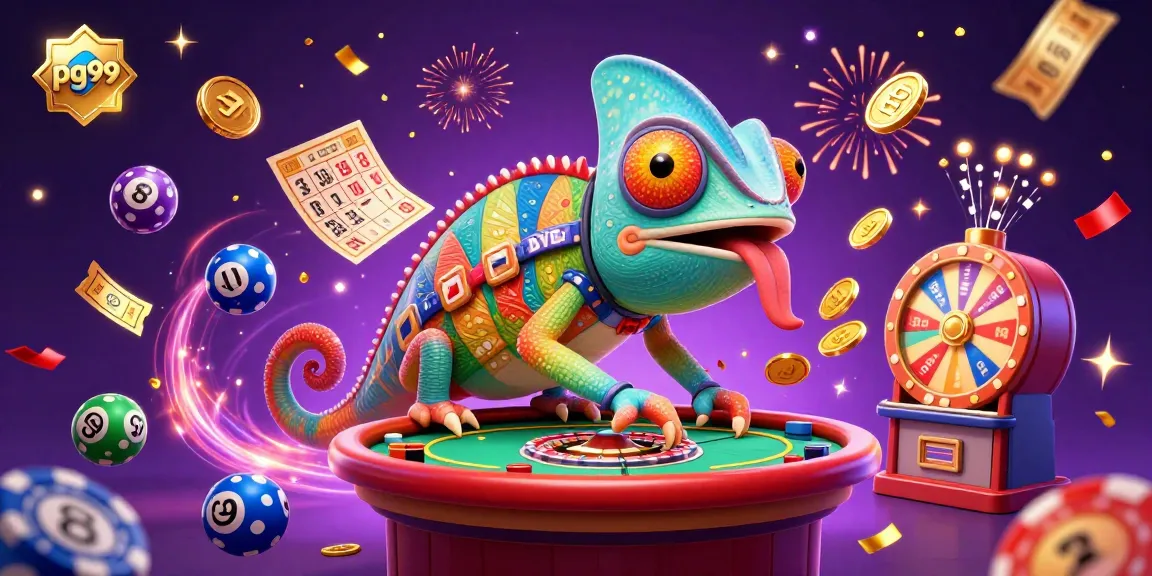 Experience pg99's vibrant casino atmosphere with a dynamic chameleon character amidst lottery and gaming elements.