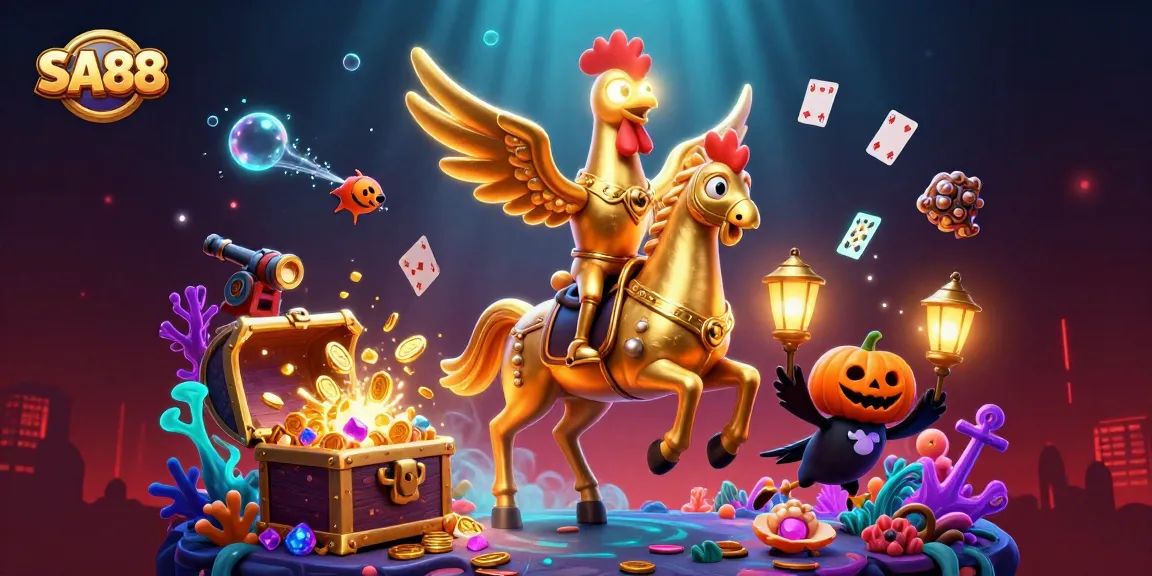 SA88's thrilling 3D casino experience with a golden rooster and magical elements, showcasing exciting games.