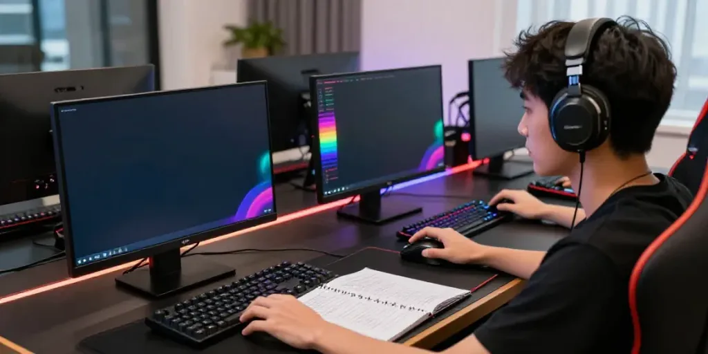 Toto togel online gaming session featuring a player focused on colorful charts and numbers on monitor.
