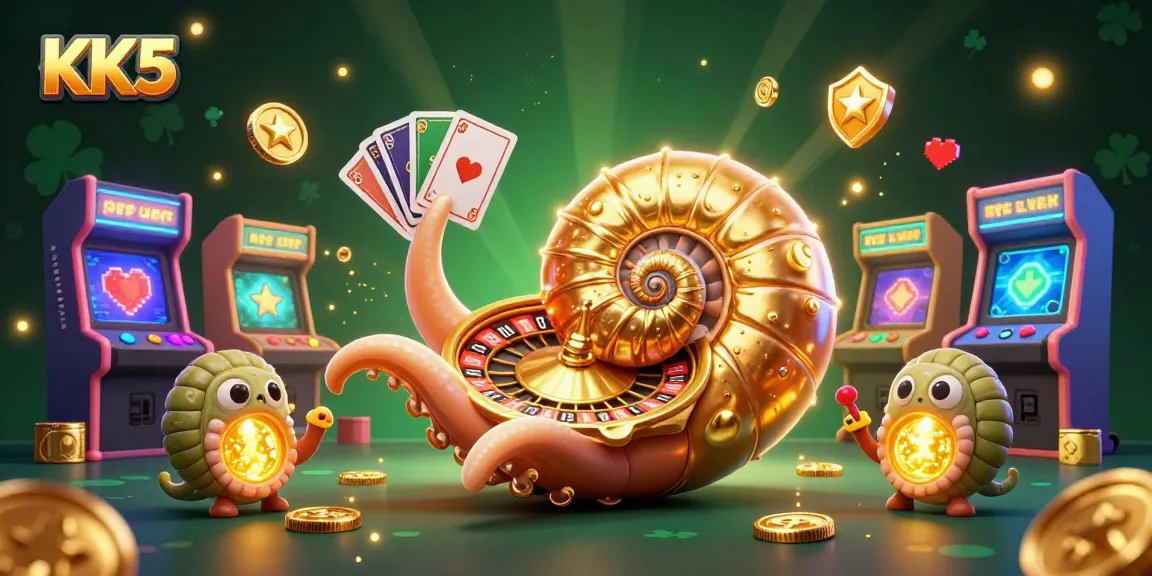 KK5 showcases a vibrant gaming scene with a nautilus roulette wheel and glowing cards.