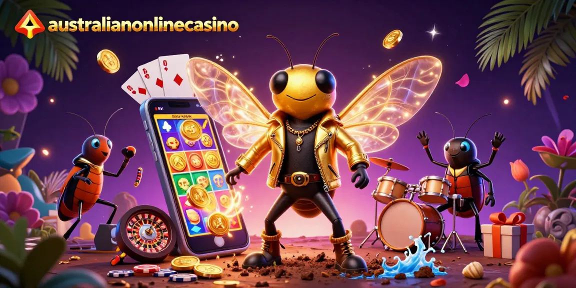 See the vibrant australianonlinecasino scene featuring a cicada rock star and colorful slot games.