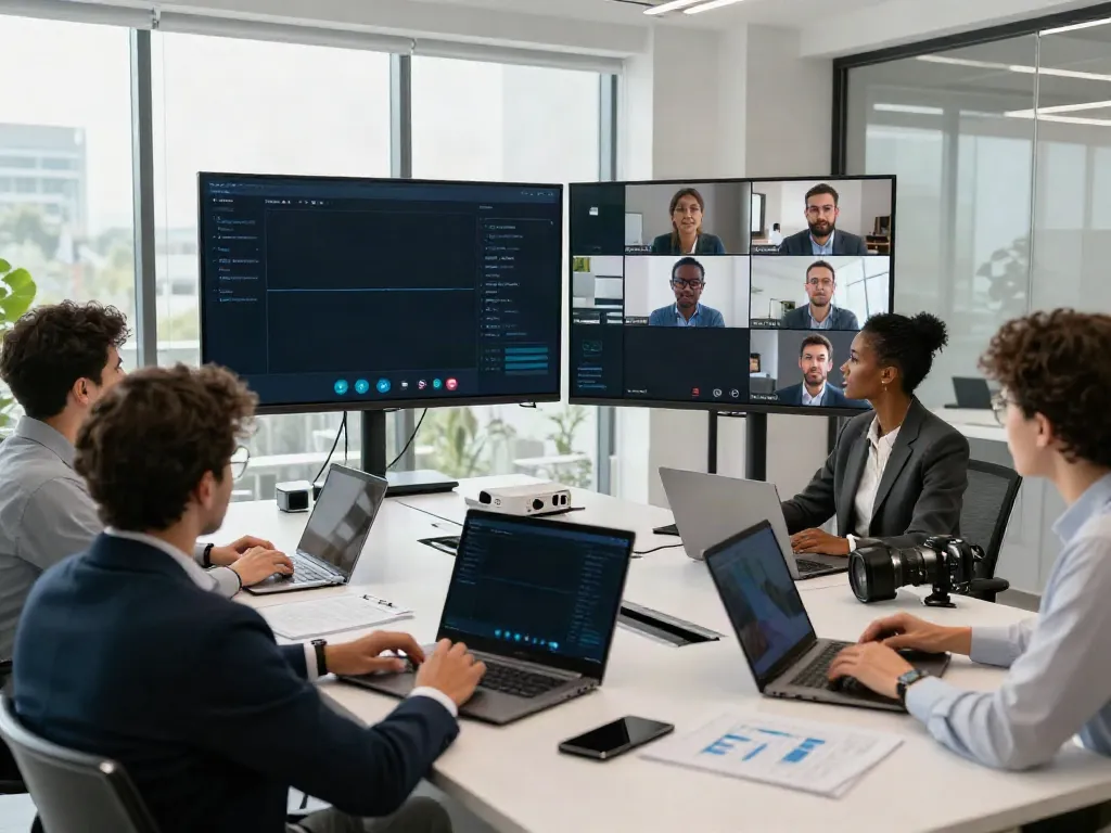 Deepfake free meetings setup with diverse professionals using digital avatars in a modern conference room.