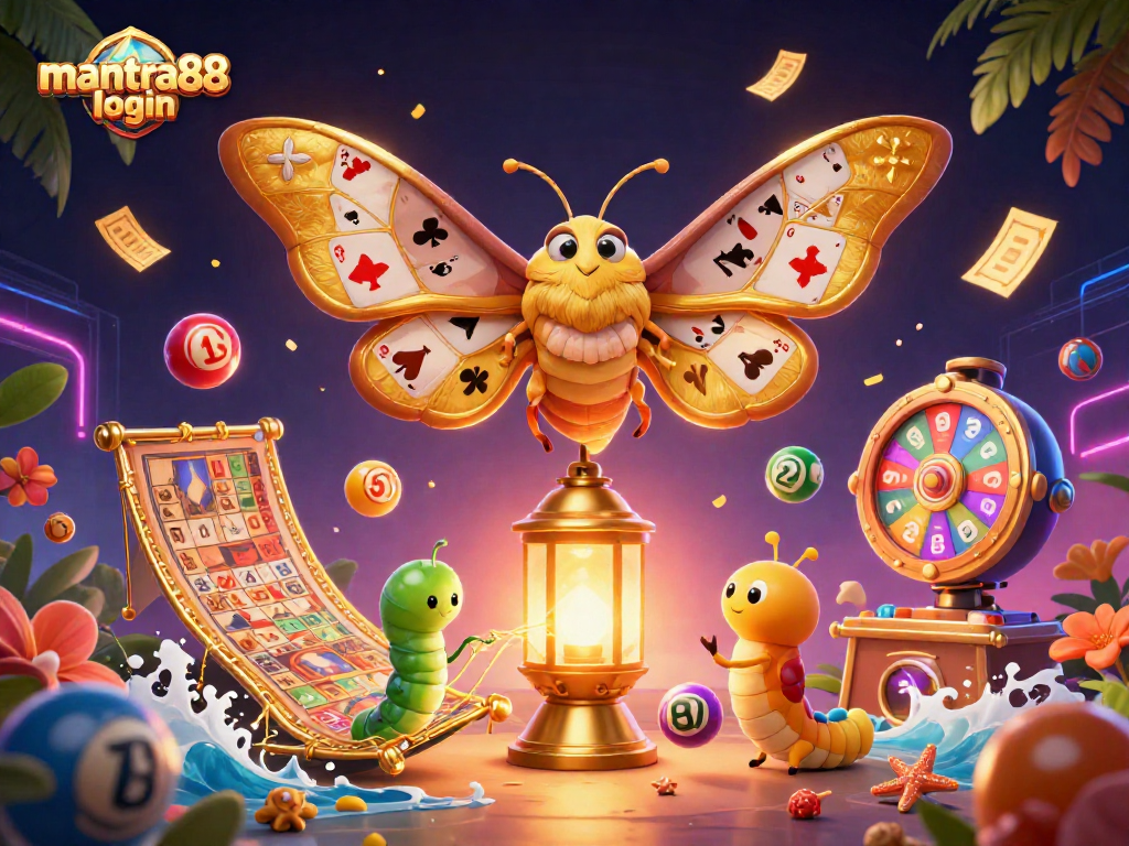Play slots with mantra88 login, featuring a whimsical moth and vibrant casino elements in a dynamic scene.