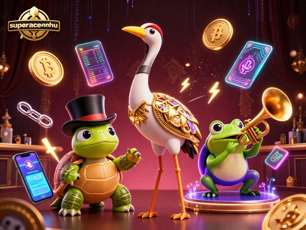 Win big with superace-nohu in a lively 3D casino scene featuring vibrant characters and crypto elements.