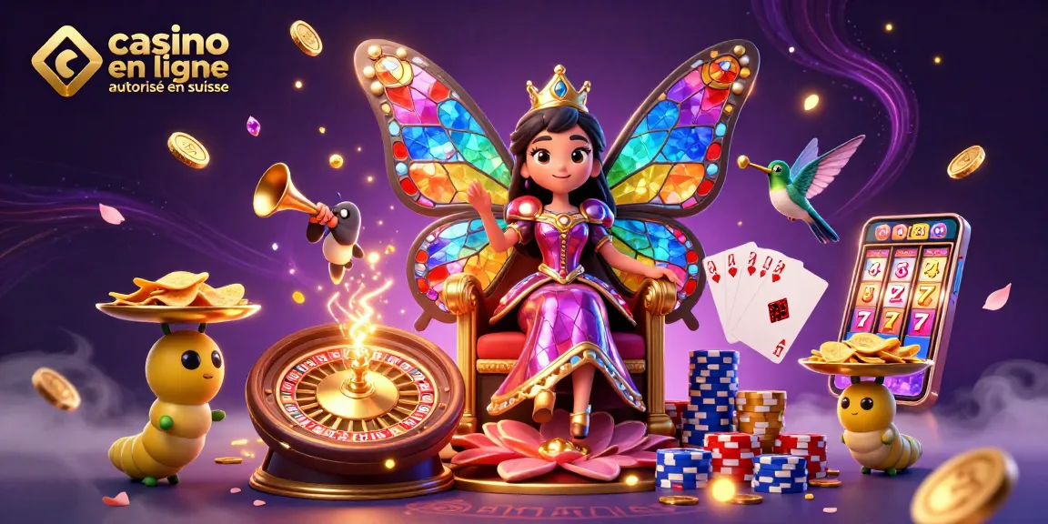 Une scène captivante de casino en ligne autorisé en Suisse, illustrant une reine papillon majestueuse et des éléments de jeu captivants.