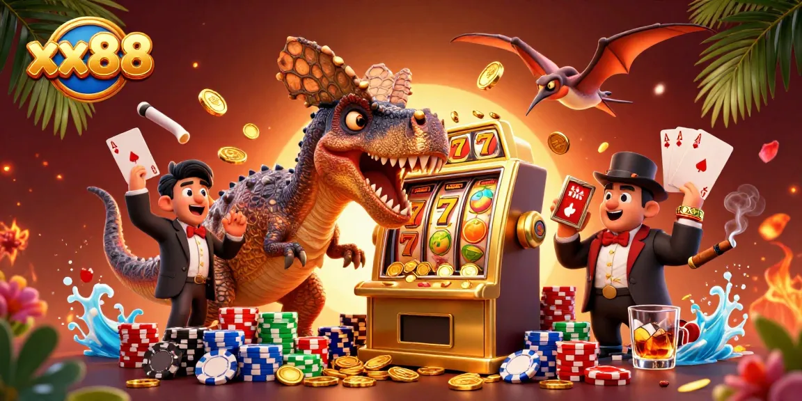 xx88 brings excitement as a pachycephalosaurus plays a jackpot slot machine.
