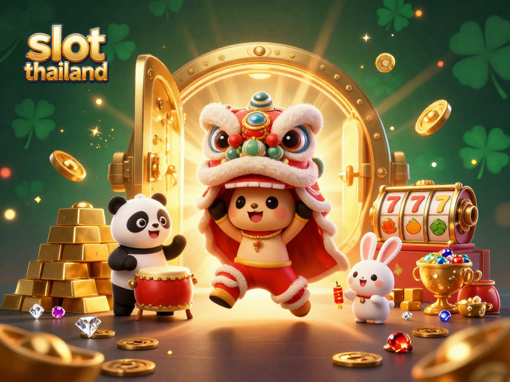 Experience the excitement of slot thailand with vibrant characters celebrating amidst a treasure-filled casino.