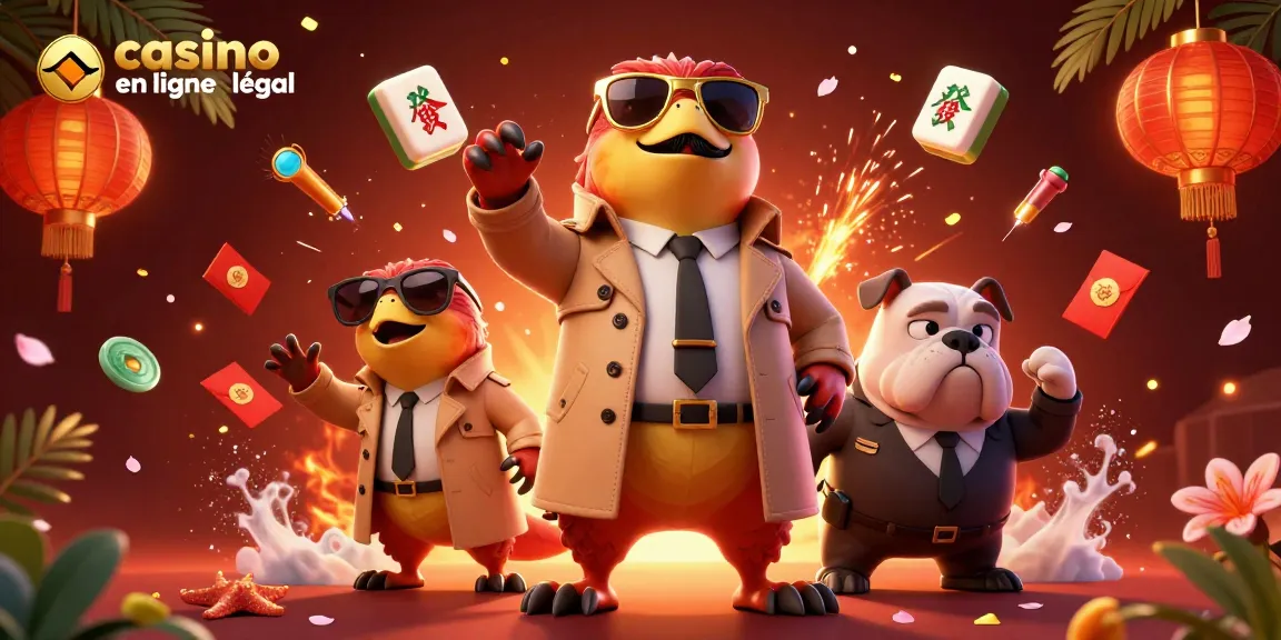 Illustration animée sur un casino en ligne France légal avec des raptors en costume et des éléments de jeux