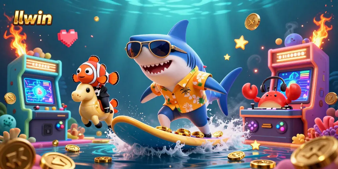 Experience exciting betting at LLWIN with a vibrant underwater scene featuring a shark champion surfing on gold coins.