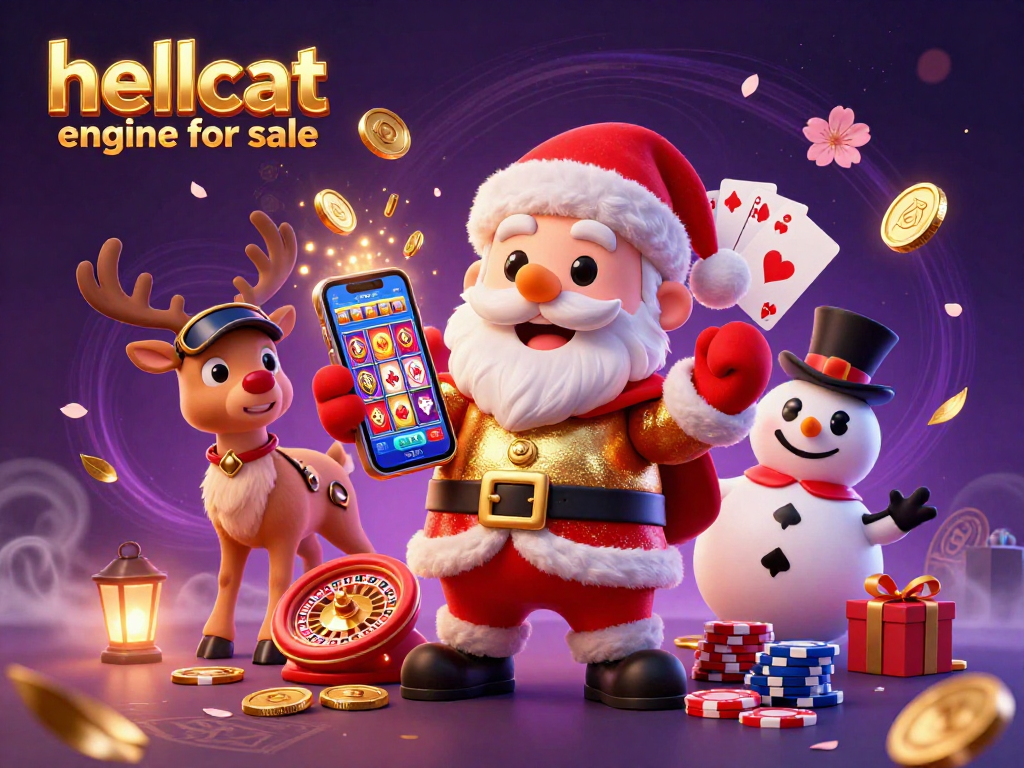 Engage with fun as Santa shows a jackpot slot on his phone, representing hellcat engine for sale with a festive casino theme.
