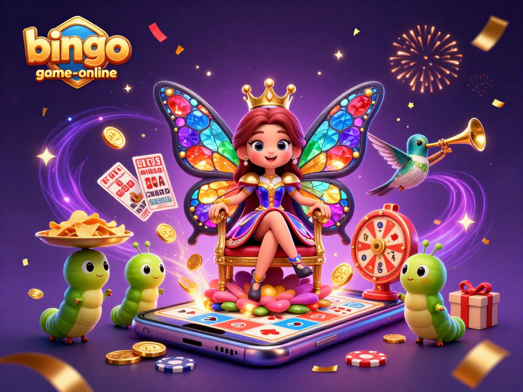 Bingo-game-online illustration showcases bingo excitement with vibrant characters and casino elements.