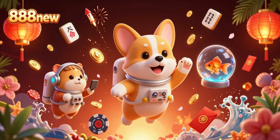 Experience the thrilling world of 888new with a floating corgi astronaut in a vibrant casino.