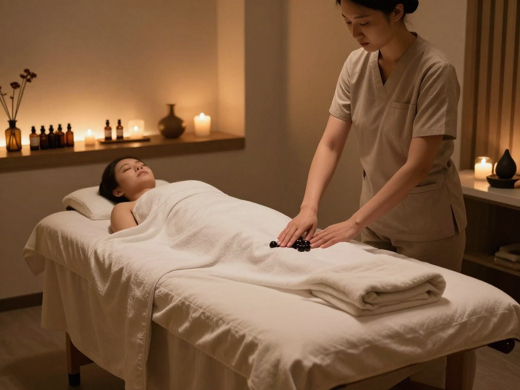 Relaxing therapy room at Balanced Massage featuring mantra88 aromatherapy oils and a serene environment.