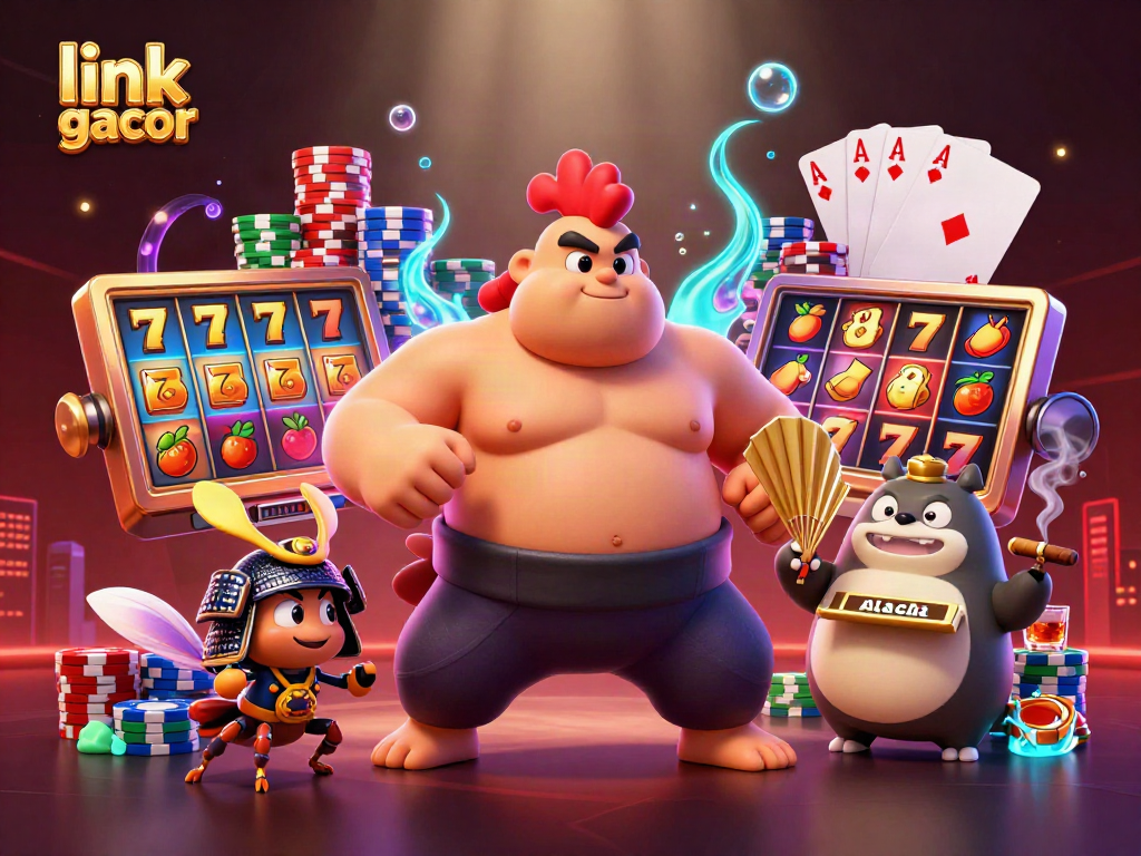 link slot gacor illustrates powerful gaming characters amidst vibrant casino elements