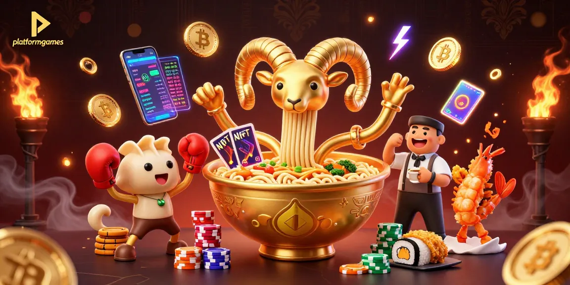 Engage in gameplay on platformgames with a vibrant illustration showcasing lively casino characters and cryptocurrency elements.