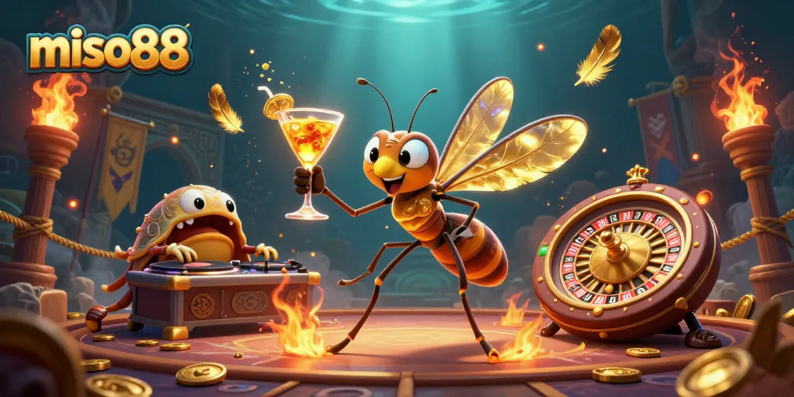 Experience exciting gaming action with miso88 as a frozen mosquito casino mascot and trilobite DJ in a vibrant scene.