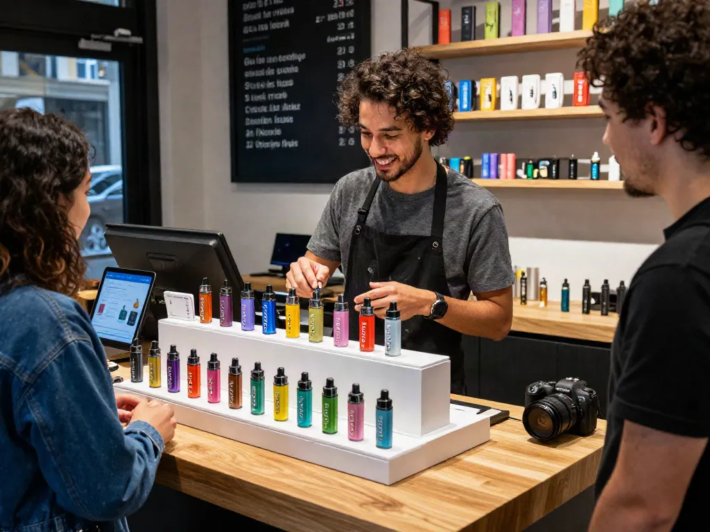 Engaging display of Flum disposable vapes in a modern vape shop setting with colorful packaging.
