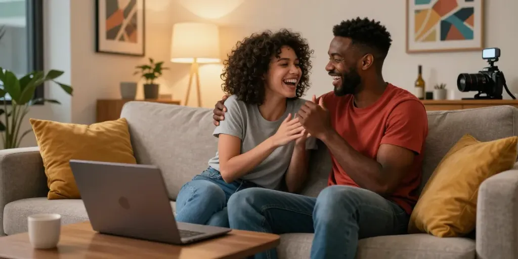 Couple enjoying live porn streaming in a cozy urban setting, showcasing warmth and intimacy.
