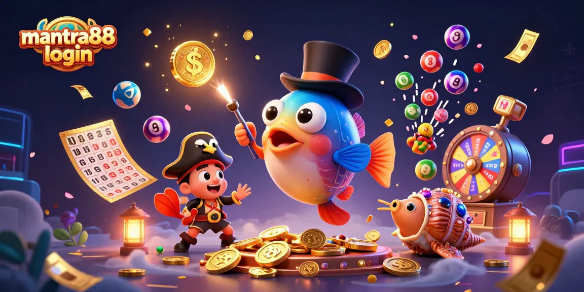 Join the adventure with mantra88 login, featuring a thrilling underwater scene of curious characters and casino elements.