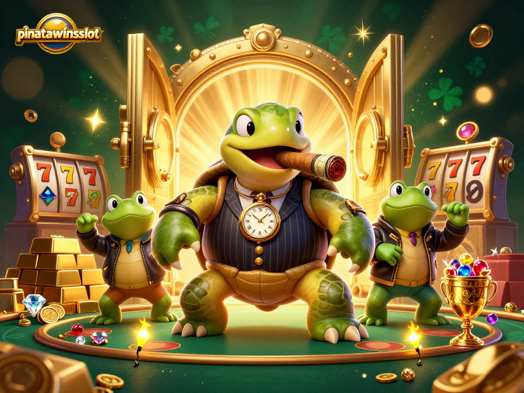 Engage with pinatawinsslot, featuring vibrant 3D characters and dynamic gambling elements like slot reels.